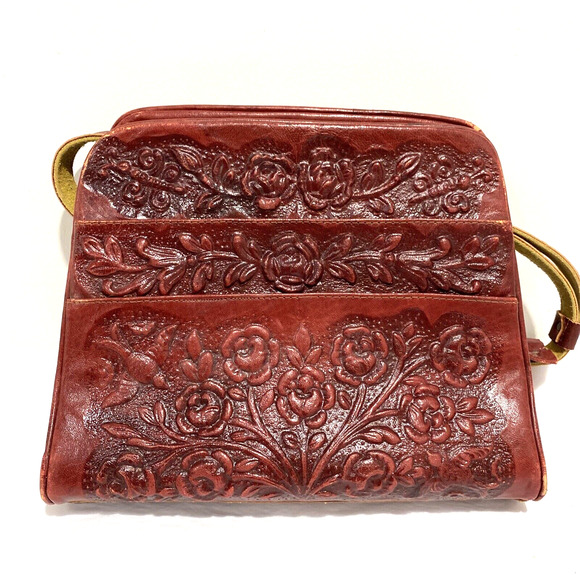 Vintage red tooled leather handbag purse Boho southwestern unique retro bag - Picture 2 of 12